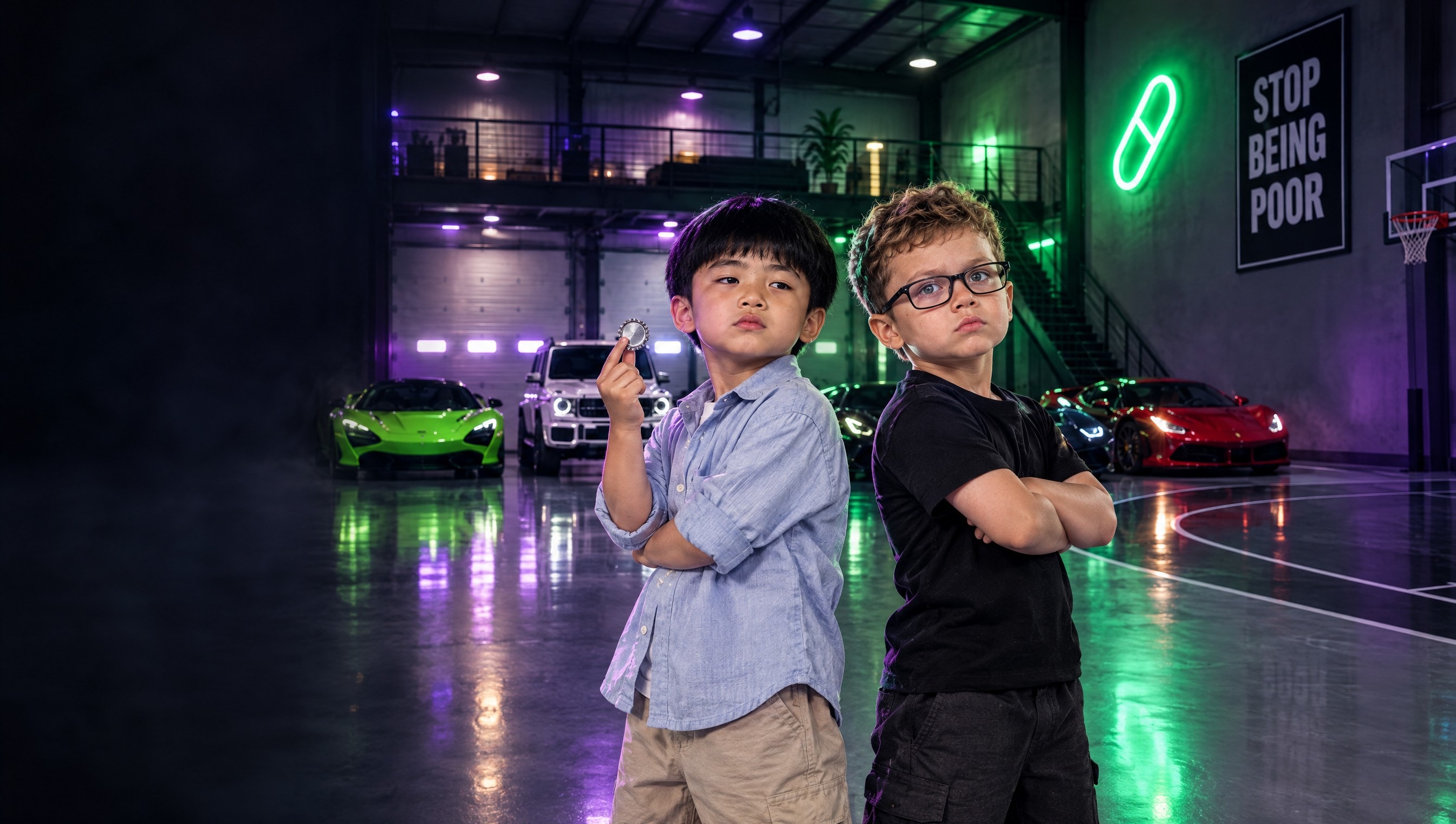 Kimchi and Orangie back to back in Sensei's warehouse, surrounded by supercars